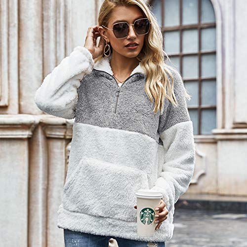 Voqeen Mujer Sudaderas con Teñido Anudado Collar del Soporte Pullover de Vellón Difuso de Manga Larga Jersey de Color de Contraste con Cremallera de 1/4 Abrigo Outwear Tops con Bolsillos