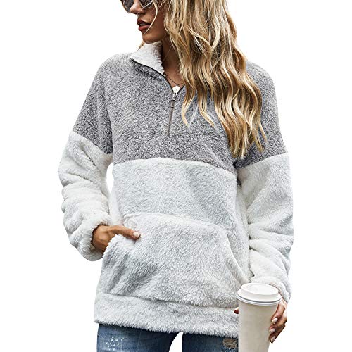 Voqeen Mujer Sudaderas con Teñido Anudado Collar del Soporte Pullover de Vellón Difuso de Manga Larga Jersey de Color de Contraste con Cremallera de 1/4 Abrigo Outwear Tops con Bolsillos