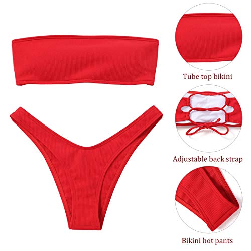 Voqeen Mujeres Sexy Bandeau Traje de baño Cuello Alto sin Tirantes Acanalado Cojín extraíble Conjunto de Bikini de Cintura Baja