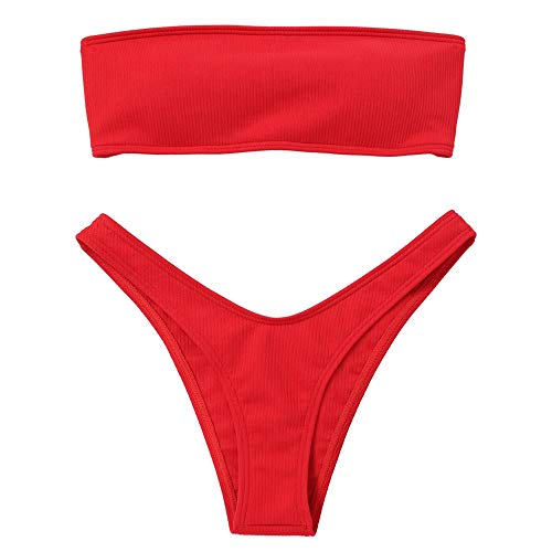 Voqeen Mujeres Sexy Bandeau Traje de baño Cuello Alto sin Tirantes Acanalado Cojín extraíble Conjunto de Bikini de Cintura Baja