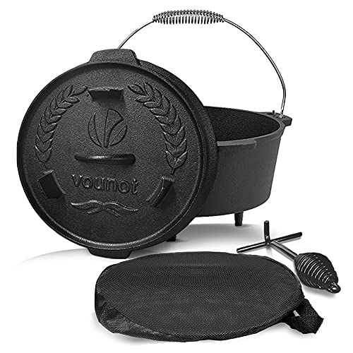 VOUNOT Olla Horno Holandés 9L Cacerola Hierro Fundido con Piernas, Dutch Oven con Tapa Hermética, Elevador, Bolsa de Almacenar, para Camping Cocina Casera Barbacoa