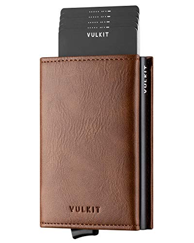 VULKIT Tarjetero RFID Bloqueo Cartera Tarjetero Hombre de Cuero Flip para Billetes y Monedas Tarjeteros para Tarjetas de Credito Automático Pop Up - Marrón