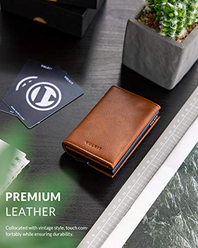 VULKIT Tarjetero RFID Bloqueo Cartera Tarjetero Hombre de Cuero Flip para Billetes y Monedas Tarjeteros para Tarjetas de Credito Automático Pop Up - Marrón