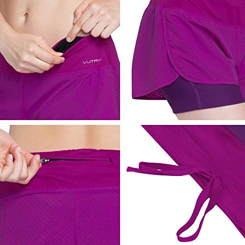 VUTRU Pantalones Cortos Correr Mujer 2 en 1 Pantalones Cortos Deportivos Cintura Alta Pantalones Cortos de Running Fitness Yoga con Bolsillo Púrpura L