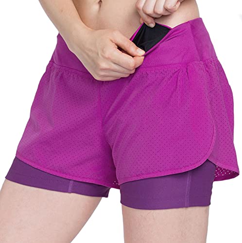 VUTRU Pantalones Cortos Correr Mujer 2 en 1 Pantalones Cortos Deportivos Cintura Alta Pantalones Cortos de Running Fitness Yoga con Bolsillo Púrpura L