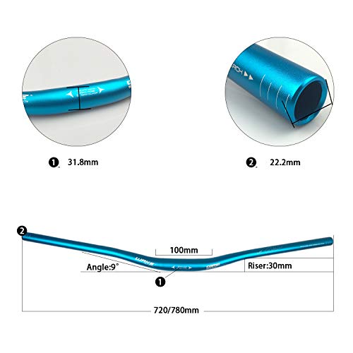 Wake Manillar de bicicleta de montaña MTB de 31,8 mm, aleación de aluminio, manillar elevador, extra largo 720/780 mm, con superficie mate de pintura (720 mm - azul).