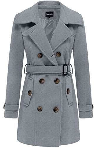 Wantdo Abrigo de Doble Botonadura para Mujer Gabardina Chaquetón de Longitud Media Cruzado Abrigo de Invierno Cálido Grueso Chaqueta con Cinturón Gris S