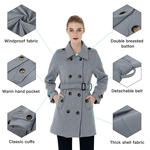 Wantdo Abrigo de Doble Botonadura para Mujer Gabardina Chaquetón de Longitud Media Cruzado Abrigo de Invierno Cálido Grueso Chaqueta con Cinturón Gris S