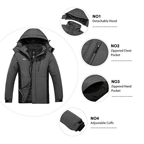 Wantdo Chaquetas de Esquí Montaña Impermeable Parka con Capucha de Nieve Invierno Abrigo para Exteriores Snowboard Chaquetas Cálida Aislada con Vellón para Hombre Gris Oscuro Large