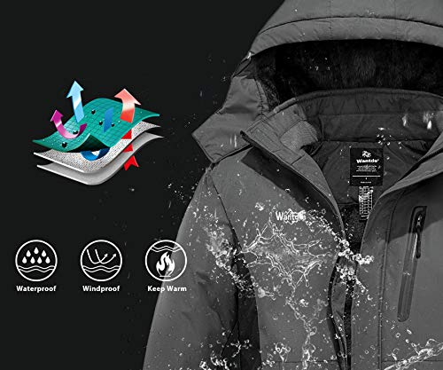 Wantdo Chaquetas de Esquí Montaña Impermeable Parka con Capucha de Nieve Invierno Abrigo para Exteriores Snowboard Chaquetas Cálida Aislada con Vellón para Hombre Gris Oscuro Large