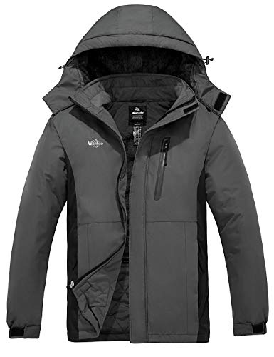 Wantdo Chaquetas de Esquí Montaña Impermeable Parka con Capucha de Nieve Invierno Abrigo para Exteriores Snowboard Chaquetas Cálida Aislada con Vellón para Hombre Gris Oscuro Large