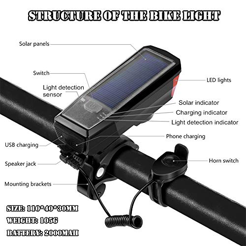 WASAGA Faro de Bicicleta, Luz Frontal de Bicicleta de 4 Modos Recargable Inteligente con energía Solar con Campana de Bicicleta para Ciclismo Advertencia de Seguridad Altavoz LED