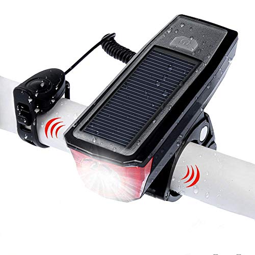 WASAGA Faro de Bicicleta, Luz Frontal de Bicicleta de 4 Modos Recargable Inteligente con energía Solar con Campana de Bicicleta para Ciclismo Advertencia de Seguridad Altavoz LED