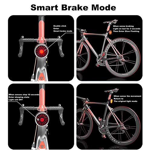 WASAGA Luz Trasera de la Bicicleta, Smart Brake Luz Trasera de la Bicicleta Recargable por USB, 5 Modos de luz Mochila Impermeable Mochila Lámpara LED Advertencia de Seguridad Luz estroboscópica