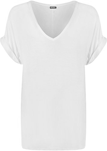 WearAll - Mujeres Nuevo Más Talla Mujeres Corto Turno Arriba Manga Holgado Llanura Superior Damas V-Cuello Camiseta - Blanco - 44-46