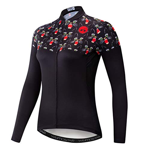 Weimostar - Maillot de ciclismo de manga larga para mujer y mujer, para otoño, primavera, transpirable, negro, rojo, talla M