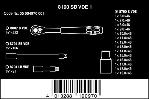 Wera 05004970001 8100 SB VDE 1 Juego de carraca Zyklop, aislado, con palanca de conmutación, con arrastre de 3/8", métrico, 17 piezas