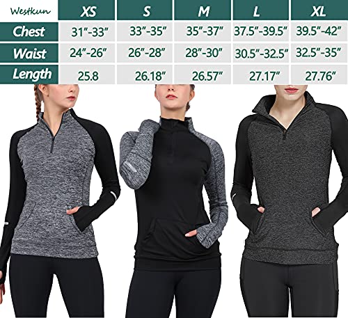 Westkun Camiseta de Manga Larga para Mujer Sudadera de Half Zip Deporte Chaqueta Yoga Casual Corriendo Pull-Over Tops con Agujeros para los Pulgares(Gris-B,S)