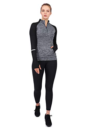 Westkun Camiseta de Manga Larga para Mujer Sudadera de Half Zip Deporte Chaqueta Yoga Casual Corriendo Pull-Over Tops con Agujeros para los Pulgares(Gris-B,S)