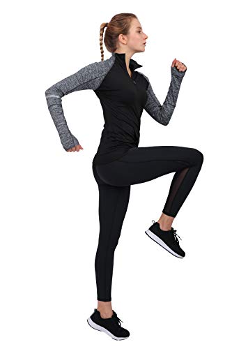 Westkun Camiseta de Manga Larga para Mujer Sudadera de Half Zip Deporte Chaqueta Yoga Casual Corriendo Pull-Over Tops con Agujeros para los Pulgares(Negro-B,S)