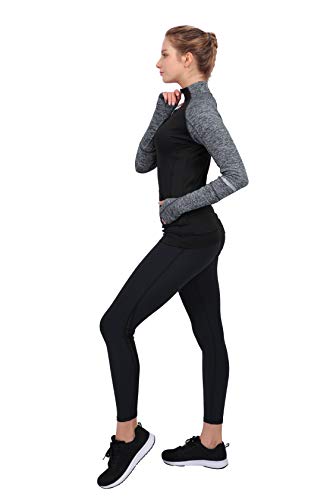 Westkun Camiseta de Manga Larga para Mujer Sudadera de Half Zip Deporte Chaqueta Yoga Casual Corriendo Pull-Over Tops con Agujeros para los Pulgares(Negro-B,S)