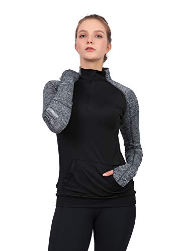 Westkun Camiseta de Manga Larga para Mujer Sudadera de Half Zip Deporte Chaqueta Yoga Casual Corriendo Pull-Over Tops con Agujeros para los Pulgares(Negro-B,S)