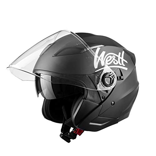 Westt Jet Casco de Moto Abierto Negro Mate con Doble Visera - Motocicleta Scooter - Certificado ECE, L (59-60CM)
