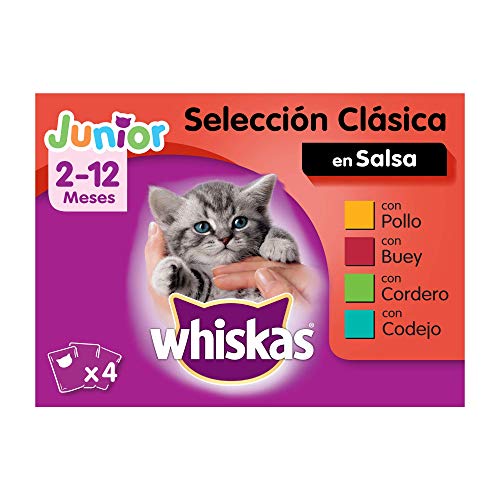 Whiskas Comida Húmeda para Gatos Junior Selección Carnes en Gelatina, Multipack (Pack de 13 x 4 bolsitas x 100g)