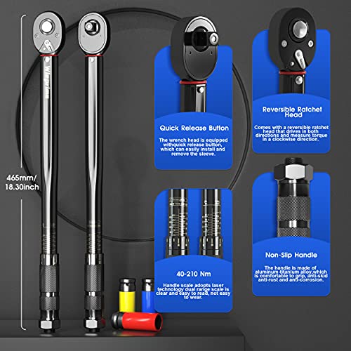 Wieprima 1/2" Llave Dinamométrica ,40-210NM,Alta Precisión de ±4% con extensión(125mm),3 vasos de impacto de 17/19/21mm en vanadio cromado,Adaptadores de 1/2" a 3/8" para coche, moto