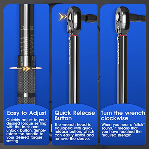 Wieprima 1/2" Llave Dinamométrica ,40-210NM,Alta Precisión de ±4% con extensión(125mm),3 vasos de impacto de 17/19/21mm en vanadio cromado,Adaptadores de 1/2" a 3/8" para coche, moto