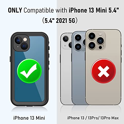 WIFORT Funda Impermeable para iPhone 13 Mini,IP68 Certificado Agua Sumergible, 360 Grados Antigolpes Protección Protector de Pantalla Incorporado, Carcasa Anti- Arañazos Antipolvo Transparente,Negro