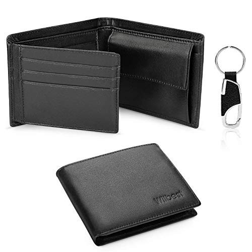 wilbest® Negro Billeteras Hombre, Cartera de Piel, Carteras Hombre Cuero, Tarjetas de Crédito Slim Moda RFID Bloqueo Monedero de Cuero (+Botones de Llaves) Cuero Hecho a Mano