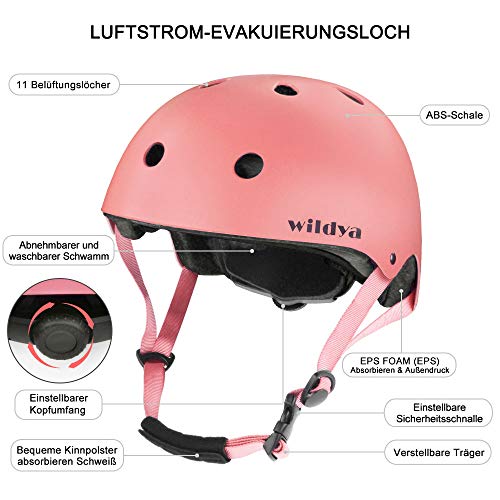 Wildya - Casco de bicicleta para niños pequeños, ajustable para niños, adolescentes y adultos, rodilleras, protección para las articulaciones de las manos, color rosa, S