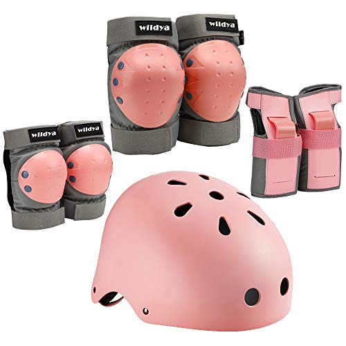 Wildya - Casco de bicicleta para niños pequeños, ajustable para niños, adolescentes y adultos, rodilleras, protección para las articulaciones de las manos, color rosa, S