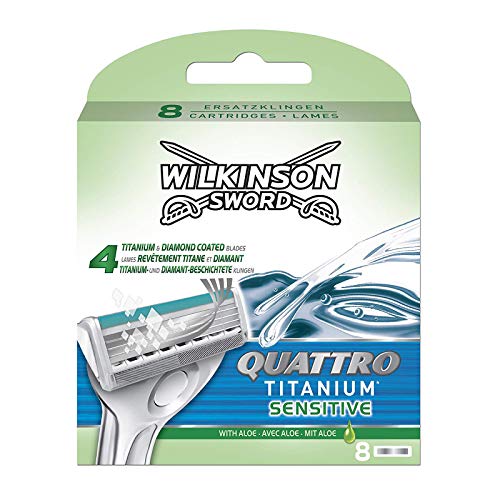 Wilkinson Sword Quattro Titanium Sensitive - 8 Recambios de Cuchillas de Afeitar de 4 Hojas de Titanio con Banda Lubricante de Aloe Vera