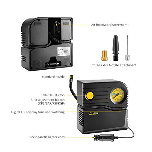 WindGallop Compresor Aire Coche 12v Inflador Ruedas Coche Hinchador Electrico Bicicleta Mini Compresor de Aire Portatil Bomba de Aire con Manómetro de Neumáticos y Adaptadores de Válvulas (Amarillo)