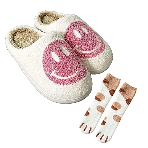 Womens Smiley Face Plush Warm Slippers Fluffy Cute House Home Shoes Memory Foam Soft Plush Warm Indoor Cute Non Slip (Pink,38-39)
