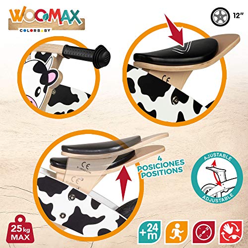 WOOMAX - Bici de madera sin pedales, de vaca, 85x36x53 cm, asiento regulable 3 alturas, bici infantil 4 años, vaca juguete, bicicletas niños, 25 Kg, 2 a 5 años (85377)