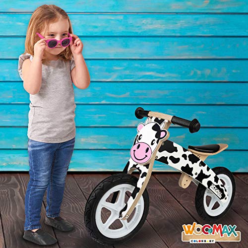 WOOMAX - Bici de madera sin pedales, de vaca, 85x36x53 cm, asiento regulable 3 alturas, bici infantil 4 años, vaca juguete, bicicletas niños, 25 Kg, 2 a 5 años (85377)