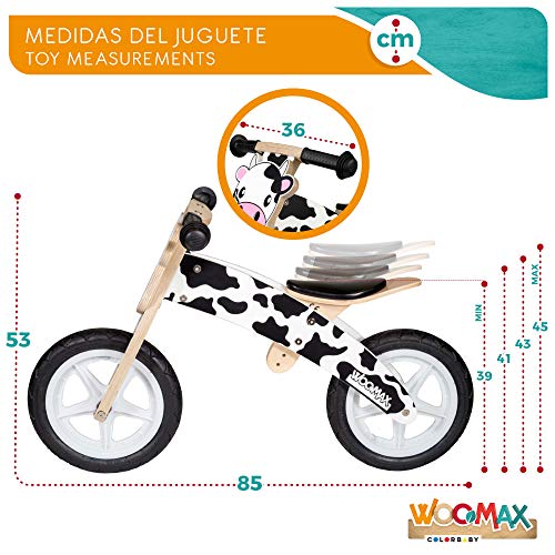 WOOMAX - Bici de madera sin pedales, de vaca, 85x36x53 cm, asiento regulable 3 alturas, bici infantil 4 años, vaca juguete, bicicletas niños, 25 Kg, 2 a 5 años (85377)