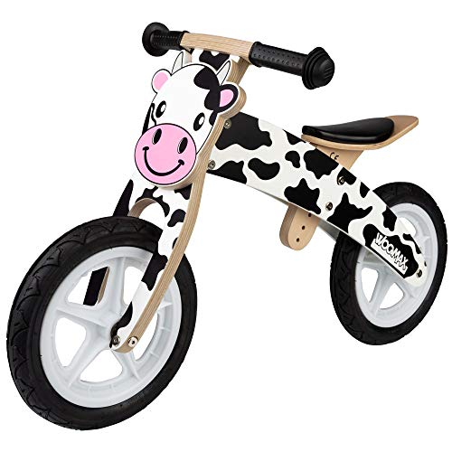 WOOMAX - Bici de madera sin pedales, de vaca, 85x36x53 cm, asiento regulable 3 alturas, bici infantil 4 años, vaca juguete, bicicletas niños, 25 Kg, 2 a 5 años (85377)