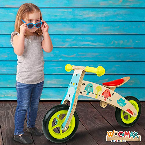WOOMAX - Bici sin pedales madera, 74x35x45 cm, asiento regulable, diseño de pajaritos, bicicleta para niñas de 2 a 5 años, bicis iniciación, juguetes de madera, 25 Kg (85375)