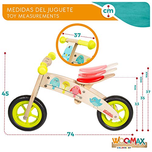 WOOMAX - Bici sin pedales madera, 74x35x45 cm, asiento regulable, diseño de pajaritos, bicicleta para niñas de 2 a 5 años, bicis iniciación, juguetes de madera, 25 Kg (85375)