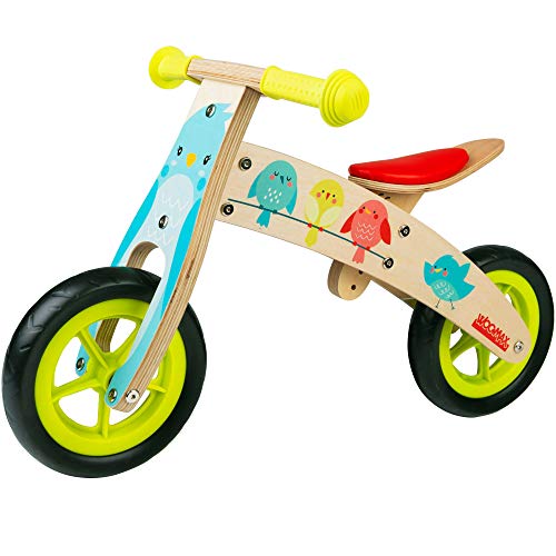 WOOMAX - Bici sin pedales madera, 74x35x45 cm, asiento regulable, diseño de pajaritos, bicicleta para niñas de 2 a 5 años, bicis iniciación, juguetes de madera, 25 Kg (85375)