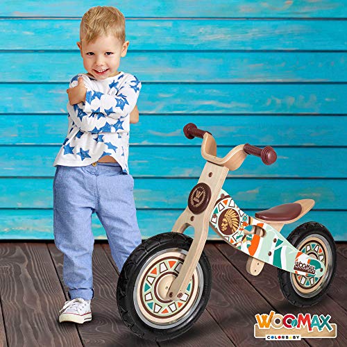 WOOMAX - Bicicleta sin pedales de madera, 85x42x58 cm, sillín ajustable, bicicleta iniciación, bicicleta niños 2 a 5 años, bici niños, 25 Kg, indian (85369)
