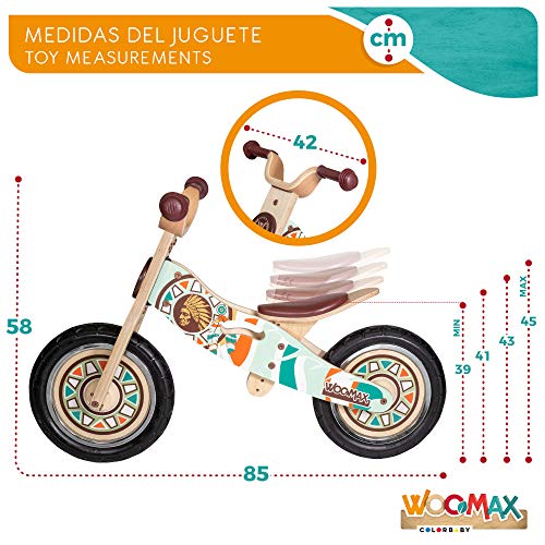 WOOMAX - Bicicleta sin pedales de madera, 85x42x58 cm, sillín ajustable, bicicleta iniciación, bicicleta niños 2 a 5 años, bici niños, 25 Kg, indian (85369)