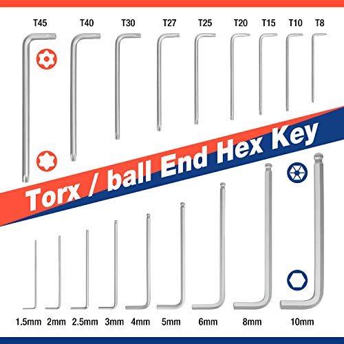 WORKPRO 18 Piezas Juego de Llaves Hexagonales, Llaves Hex con Extremo en Forma de Bola 1,5 a 10 mm, Llaves Hexagonales Torx, Cr-V, Compacto y Prático para Autos y Bicicletas