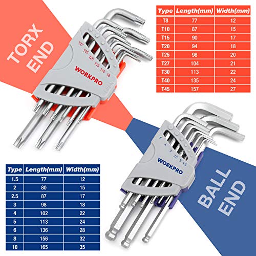 WORKPRO 18 Piezas Juego de Llaves Hexagonales, Llaves Hex con Extremo en Forma de Bola 1,5 a 10 mm, Llaves Hexagonales Torx, Cr-V, Compacto y Prático para Autos y Bicicletas