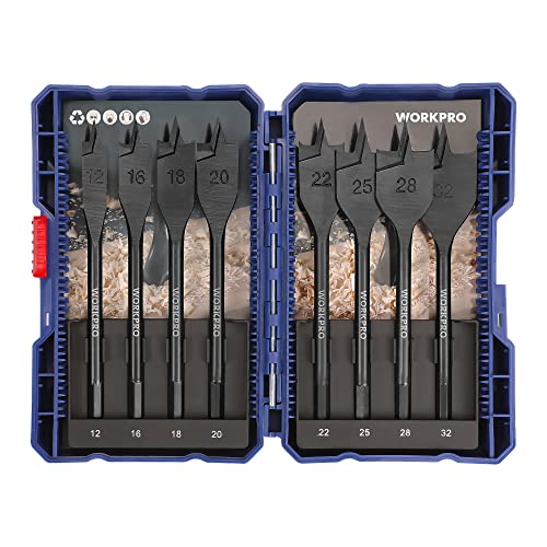 WORKPRO 8 piezas Juego de Brocas de Pala, Brocas Planas con Vástago Hexagonal de 1/4", Brocas (12-32 mm), Acero al Carbono, para Maderas Duras y Blandas, PVC y Plásticos