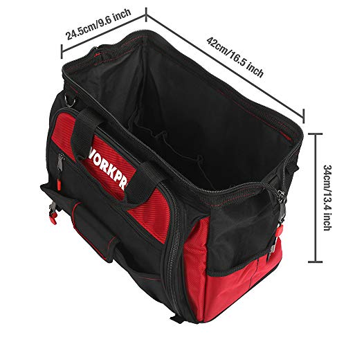 WORKPRO Bolsa de Herramientas 42 x 25 x 34 cm, Bolsa de Herramientas con Carga Máxima 18-30kg, Respaldo Rígido Resistente al Agua, Correa Ancha Ajustable para el Hombro, Cremallera Flexible